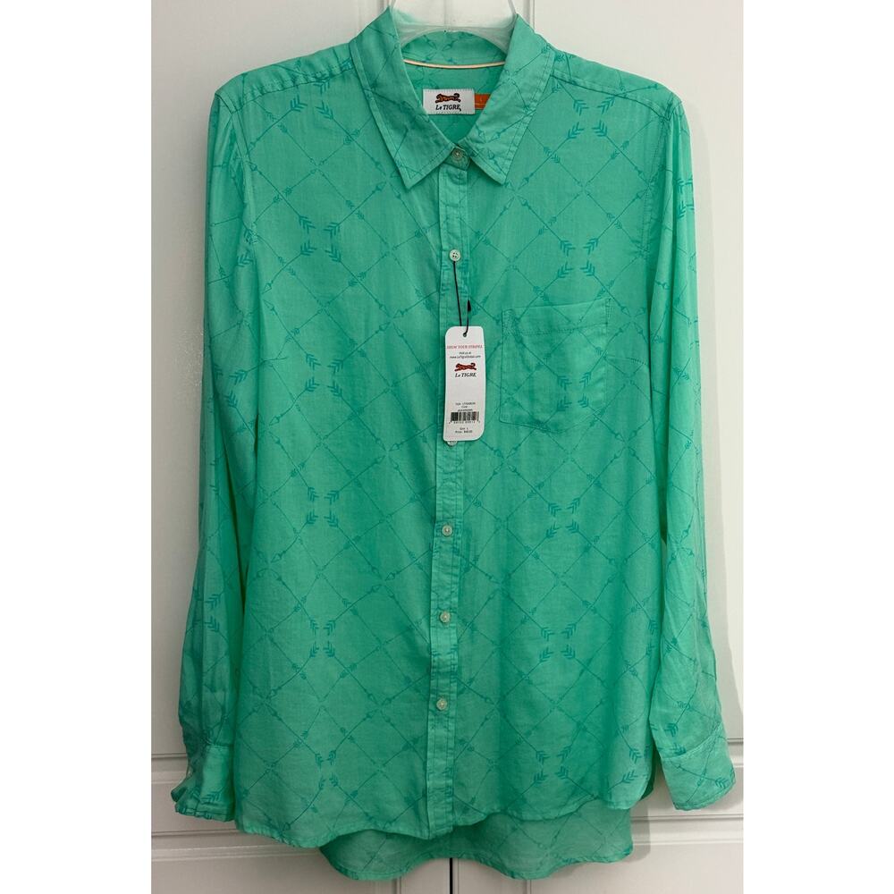 Le Tigre Long Sleeve Button Front Shirt in Jade w/Arrow Pattern Size L NWT